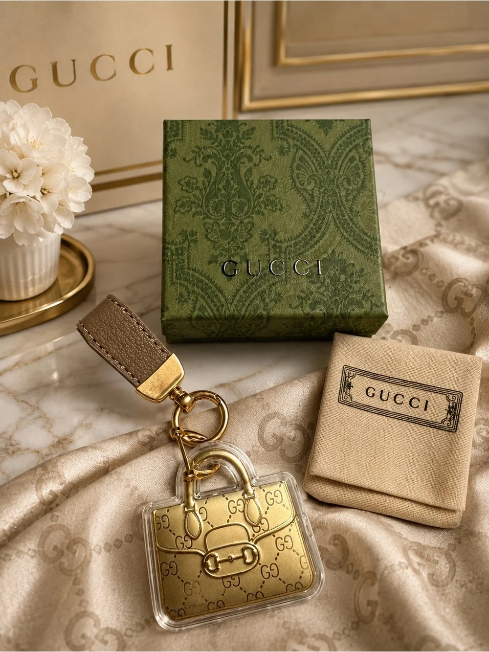 Gucci Gold and Tan GG Padlock Key & Card Holder Charm